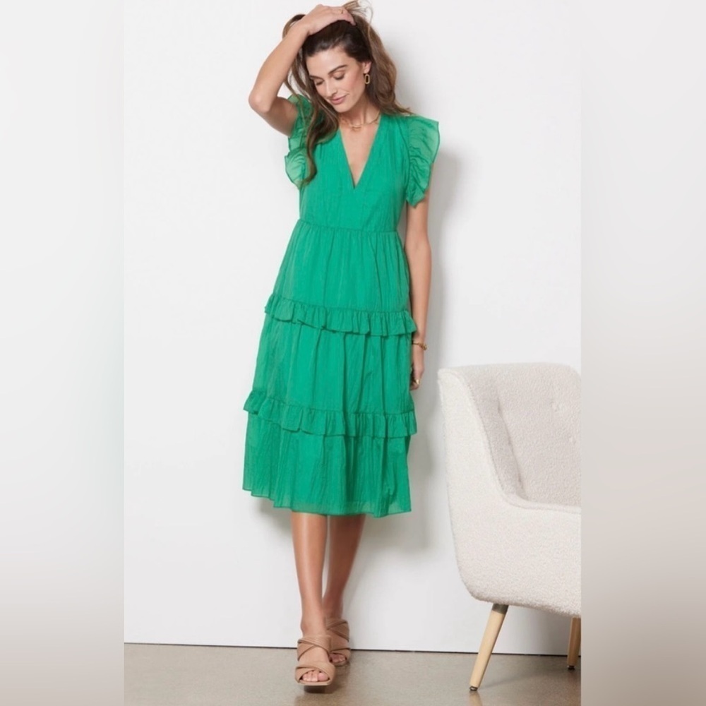 Amanda Uprichard Emerald Green Chiffon Chamomile Midi Tiered Dress Size Medium